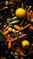 a sortimento do especiarias e frutas em uma Preto fundo generativo ai foto