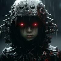 a imagem do uma menina com vermelho olhos dentro a chuva generativo ai foto
