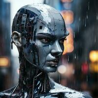 a imagem do uma robô mulher dentro a chuva generativo ai foto