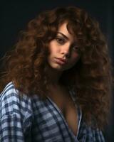 a imagem do uma mulher com encaracolado cabelo e uma xadrez camisa generativo ai foto