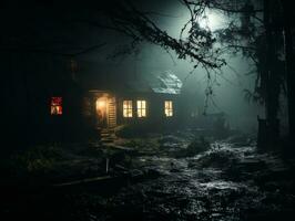 a velho casa dentro a madeiras às noite generativo ai foto