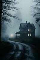 a velho casa dentro a meio do uma nebuloso noite generativo ai foto