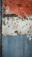 a velho pintado parede com descamação pintura e uma vermelho branco e azul listra generativo ai foto