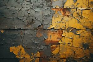 a velho amarelo e Preto pintado parede com descamação pintura generativo ai foto