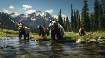 norte americano grisalho ursos, apresentando seus poderoso presença dentro a selvagem. generativo ai foto