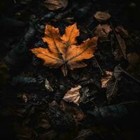 a laranja folha senta em a terra cercado de caído folhas generativo ai foto