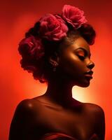 lindo africano americano mulher com flores dentro dela cabelo em uma vermelho fundo generativo ai foto