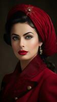 lindo árabe mulher dentro vermelho vestir e turbante generativo ai foto
