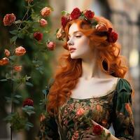 lindo vermelho cabelos mulher com rosas dentro dela cabelo generativo ai foto