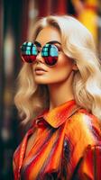 lindo Loiras mulher vestindo oculos de sol e colorida camisa generativo ai foto