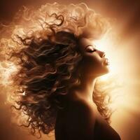 lindo mulher com encaracolado cabelo dentro a Sol generativo ai foto