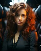 lindo mulher com vermelho cabelo sentado dentro a costas assento do uma carro generativo ai foto