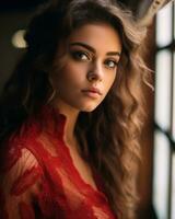 lindo jovem mulher dentro vermelho vestir olhando Fora a janela generativo ai foto