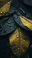 Preto e amarelo folhas com água gotas em eles generativo ai foto