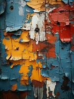 colorida pintura descamação fora do a velho de madeira parede generativo ai foto