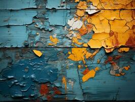 colorida descamação pintura em a velho de madeira parede generativo ai foto