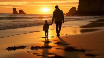 pai e filho caminhando em a de praia às pôr do sol generativo ai foto