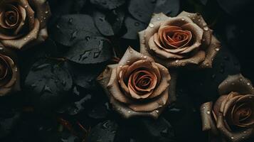 rosas com água gotas em eles em uma Preto fundo generativo ai foto