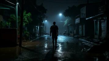 silhueta do uma homem caminhando baixa uma Sombrio rua às noite generativo ai foto