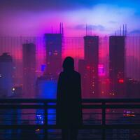 silhueta do uma pessoa em pé em uma sacada olhando às cidade luzes às noite generativo ai foto