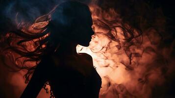 silhueta do uma mulher com fumaça chegando Fora do dela cabelo generativo ai foto