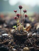 pequeno vermelho flores crescendo Fora do sujeira dentro uma Panela generativo ai foto