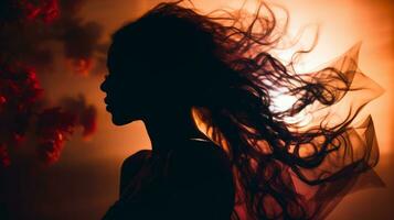 a silhueta do uma mulher com dela cabelo sopro dentro a vento generativo ai foto