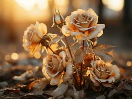 três dourado rosas sentado em a terra dentro frente do a Sol generativo ai foto