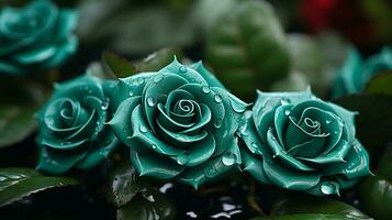 três verde rosas com água gotas em eles generativo ai foto