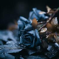 dois Sombrio azul rosas com água gotas em eles generativo ai foto