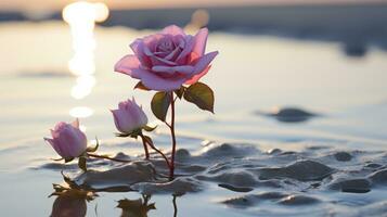 dois Rosa rosas crescendo Fora do a água às pôr do sol generativo ai foto