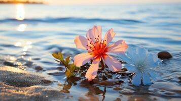 dois Rosa flores em a de praia às pôr do sol generativo ai foto