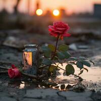 dois rosas sentar em a terra Próximo para uma pode generativo ai foto