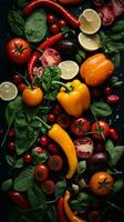 vários legumes e frutas em uma Preto fundo generativo ai foto