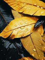 amarelo e Preto folhas com água gotas em eles generativo ai foto