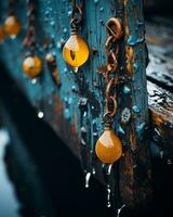 amarelo vidro miçangas suspensão a partir de uma cadeia em uma de madeira cerca generativo ai foto