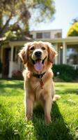 uma feliz dourado retriever em uma verde gramado com uma vermelho trela foto