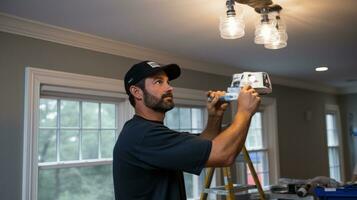 eletricista instalando Novo luz luminárias dentro uma casa foto