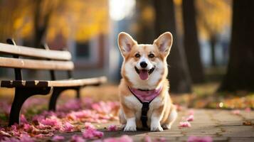 uma fofa corgi sentado em uma parque Banco com uma Rosa trela foto