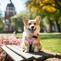 uma fofa corgi sentado em uma parque Banco com uma Rosa trela foto