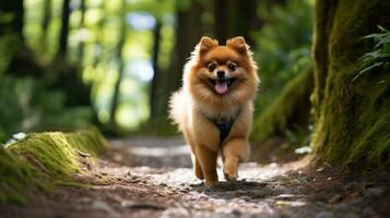 uma fofo pomerânia caminhando em uma floresta trilha com uma verde trela foto