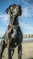 uma majestoso ótimo dinamarquês em pé em uma de praia com uma Preto trela foto