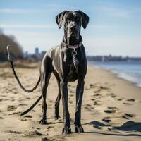 uma majestoso ótimo dinamarquês em pé em uma de praia com uma Preto trela foto