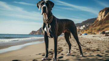 uma majestoso ótimo dinamarquês em pé em uma de praia com uma Preto trela foto