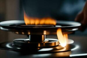 uma pessoa é segurando uma gás queimador em uma forno. gerado por IA foto