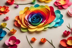 uma colorida papel flor arranjo com flores gerado por IA foto