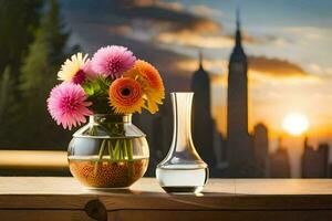 uma vaso com flores e uma garrafa do água em uma mesa com uma cidade dentro a fundo. gerado por IA foto