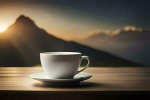 café copo em uma mesa com montanhas dentro a fundo. gerado por IA foto