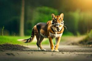 uma tigre caminhando em uma estrada dentro a meio do a dia. gerado por IA foto