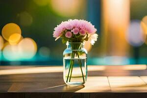 uma vaso com Rosa flores sentado em uma mesa. gerado por IA foto